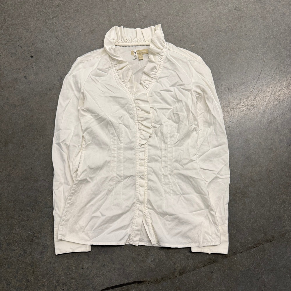Banana Republic Womens White Ruffle Neck Button Down Blouse Long Sleeve Size 2